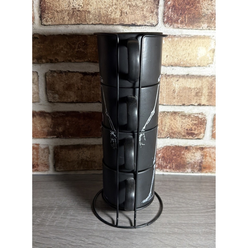 Stackable Skeleton Black Ceramic Coffee Mug Set of 4, 16 fl oz Halloween - Picture 4 of 8
